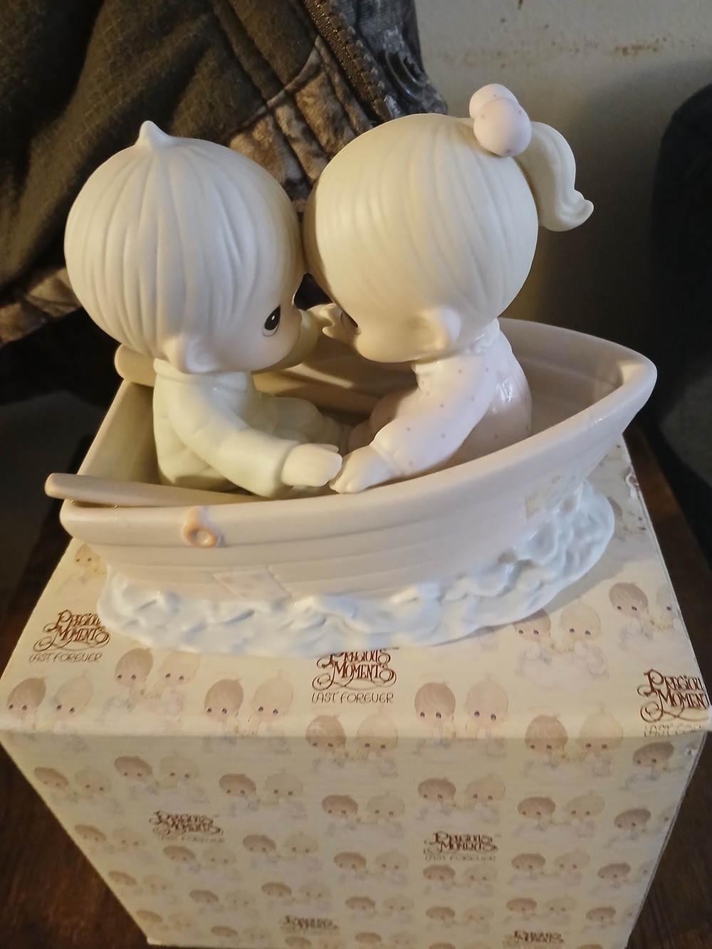 Precious Moments Porcelain Boy & Girl in Boat Figurine - Pastel Cream